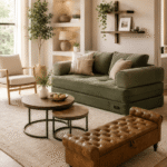 Small living room furniture with a compact sofa, nesting tables, accent chair, and storage bench