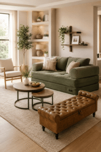 Small living room furniture with a compact sofa, nesting tables, accent chair, and storage bench