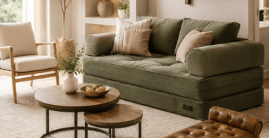 Small living room furniture with a compact sofa, nesting tables, accent chair, and storage bench