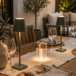 Rechargeable wireless table lamp creating warm ambient lighting in a modern living room