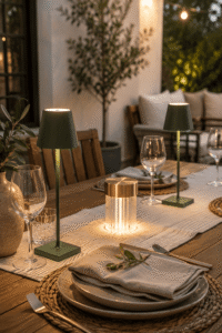 Rechargeable wireless table lamp creating warm ambient lighting in a modern living room
