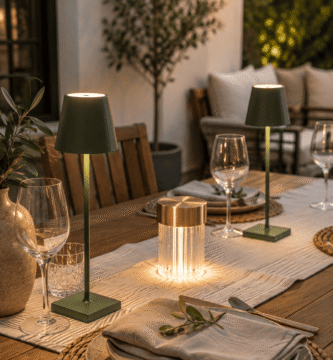 Rechargeable wireless table lamp creating warm ambient lighting in a modern living room