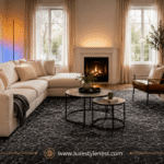 Decorating ideas for lounge room with a cozy sofa, patterned rug, modern lighting, coffee tables, and fireplace