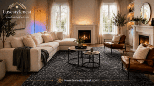 Decorating ideas for lounge room with a cozy sofa, patterned rug, modern lighting, coffee tables, and fireplace