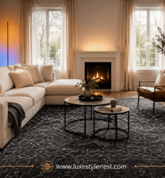 Decorating ideas for lounge room with a cozy sofa, patterned rug, modern lighting, coffee tables, and fireplace