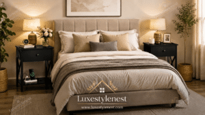 Nightstand set of 2 in a stylish modern bedroom with warm lighting and neutral decor